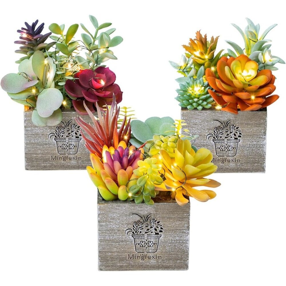 Succulent Plants Artificial 3 Pack Small Natural Logic in Wood Pot Home Decor